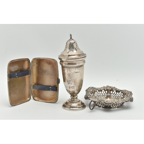 107 - THREE ITEMS OF SILVER, to include a silver cigarette case, engraved foliage pattern with vacant cart... 