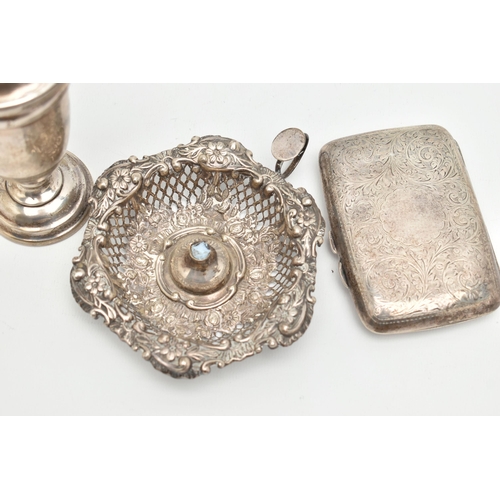 107 - THREE ITEMS OF SILVER, to include a silver cigarette case, engraved foliage pattern with vacant cart... 