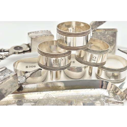 110 - ASSORTED SILVER AND EPNS ITEMS, to include two oval napkin rings, polished design, hallmarked 'Coope... 