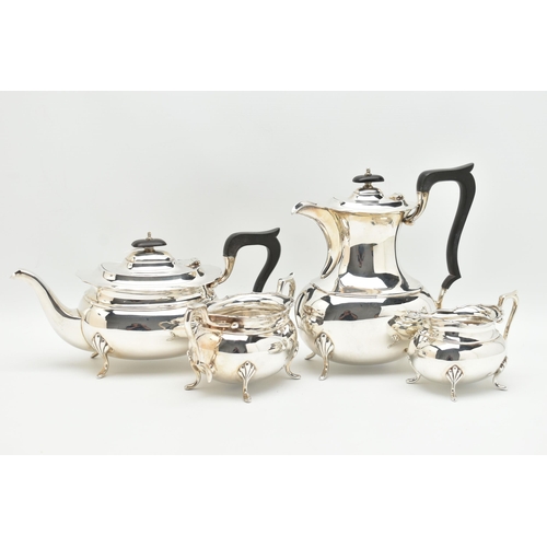 112 - A GEORGE VI FOUR PIECE SILVER TEA SET, comprising of a teapot, coffee pot, sugar bowl and milk jug, ... 