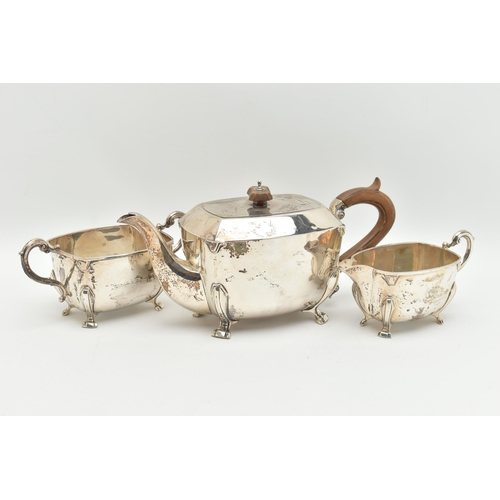 113 - A SILVER 'MAPPIN & WEBB' THREE PIECE TEA SET, comprising of a teapot, sugar bowl and milk jug, polis... 