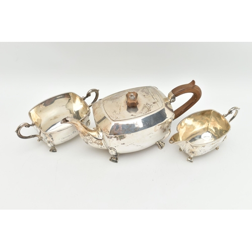 113 - A SILVER 'MAPPIN & WEBB' THREE PIECE TEA SET, comprising of a teapot, sugar bowl and milk jug, polis... 