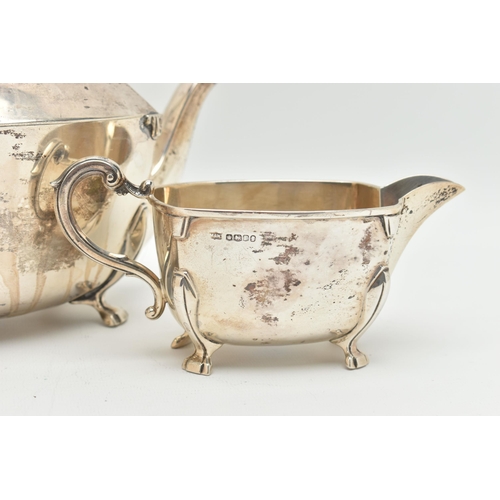 113 - A SILVER 'MAPPIN & WEBB' THREE PIECE TEA SET, comprising of a teapot, sugar bowl and milk jug, polis... 