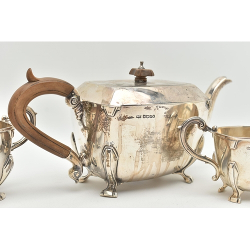 113 - A SILVER 'MAPPIN & WEBB' THREE PIECE TEA SET, comprising of a teapot, sugar bowl and milk jug, polis... 