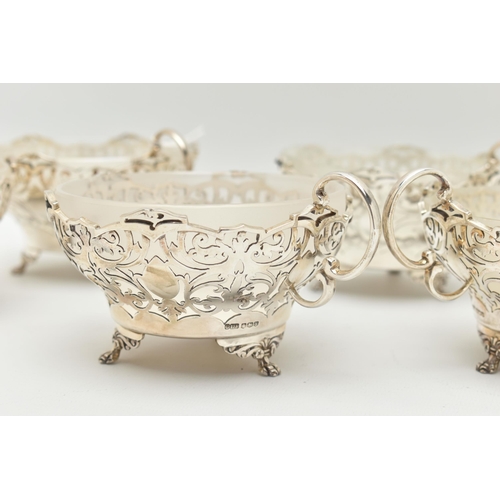 114 - A GEORGE VI SILVER AND FROSTED GLASS LINED DESSERT SET, comprising a fruit bowl and six dishes, each... 