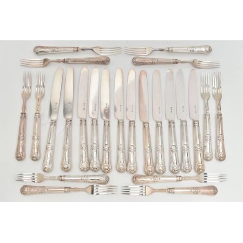 115 - A SET OF TWELVE GEORGE VI SILVER KINGS PATTERN DESSERT KNIVES AND FORKS, silver handles, blades and ... 