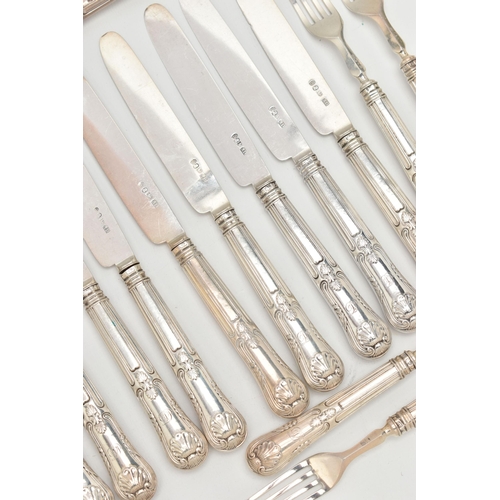 115 - A SET OF TWELVE GEORGE VI SILVER KINGS PATTERN DESSERT KNIVES AND FORKS, silver handles, blades and ... 