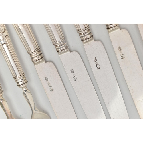 115 - A SET OF TWELVE GEORGE VI SILVER KINGS PATTERN DESSERT KNIVES AND FORKS, silver handles, blades and ... 