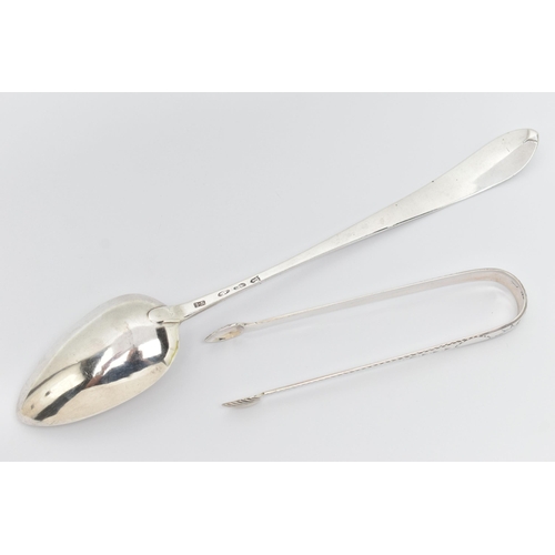 116 - A LATE 18TH CENTURY IRISH SILVER GRAVY STRAINING SPOON AND A PAIR OF SUGAR TONGS WITH MATCHING BRIGH... 