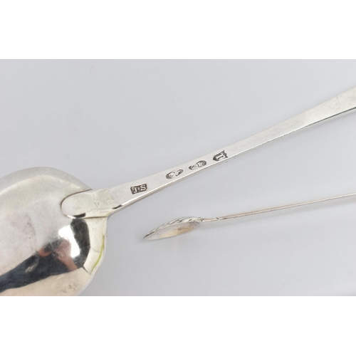 116 - A LATE 18TH CENTURY IRISH SILVER GRAVY STRAINING SPOON AND A PAIR OF SUGAR TONGS WITH MATCHING BRIGH... 