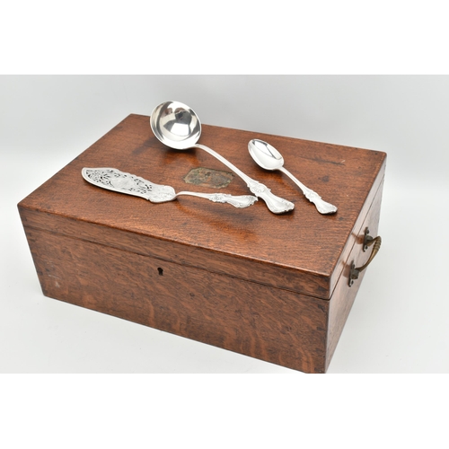 117 - A LATE 19TH CENTURY OAK CASED THREE TIER CANTEEN OF LATE 19TH AND EARLY 20TH SILVER FLATWARE BY ELKI... 