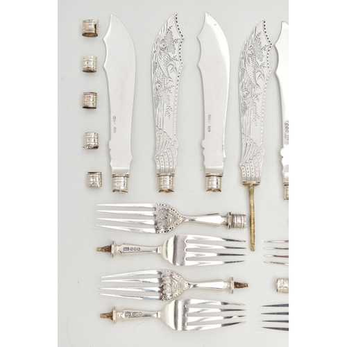 118 - A SELECTION OF LATE VICTORIAN SILVER FISH EATER BLADES AND FORKS, AF all pieces missing handles, eng... 