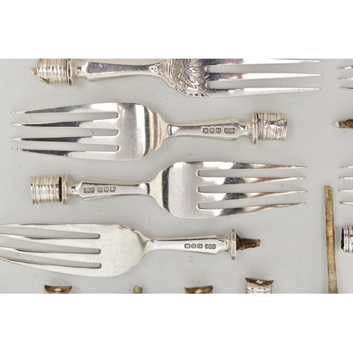 118 - A SELECTION OF LATE VICTORIAN SILVER FISH EATER BLADES AND FORKS, AF all pieces missing handles, eng... 