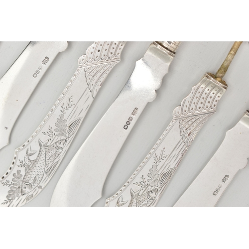 118 - A SELECTION OF LATE VICTORIAN SILVER FISH EATER BLADES AND FORKS, AF all pieces missing handles, eng... 