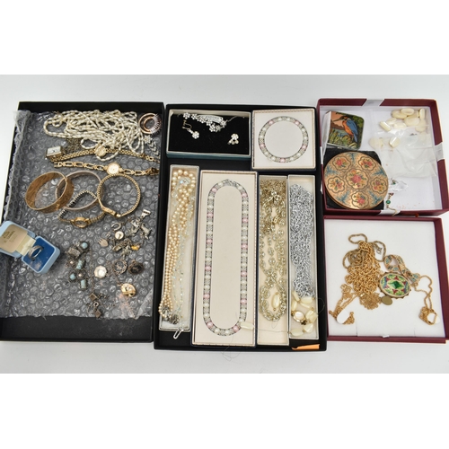 120 - ASSORTED SILVER/WHITE METAL AND COSTUME JEWELLERY, to include a silver hinged bangle with floral pat... 