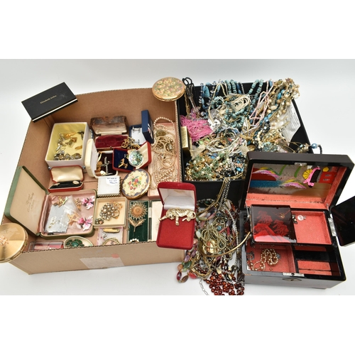 123 - A BOX OF ASSORTED COSTUME JEWELLERY AND ITEMS, to include a box of beaded necklaces, brooches, brace... 