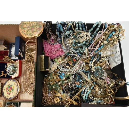 123 - A BOX OF ASSORTED COSTUME JEWELLERY AND ITEMS, to include a box of beaded necklaces, brooches, brace... 