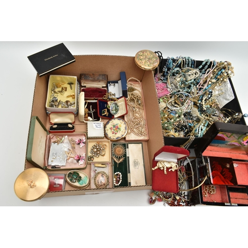 123 - A BOX OF ASSORTED COSTUME JEWELLERY AND ITEMS, to include a box of beaded necklaces, brooches, brace... 