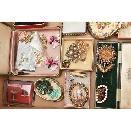 123 - A BOX OF ASSORTED COSTUME JEWELLERY AND ITEMS, to include a box of beaded necklaces, brooches, brace... 