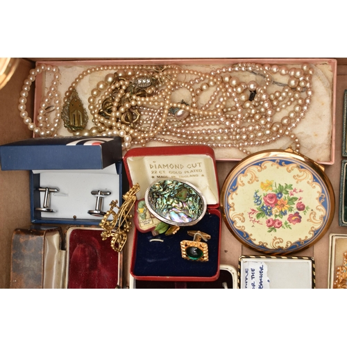 123 - A BOX OF ASSORTED COSTUME JEWELLERY AND ITEMS, to include a box of beaded necklaces, brooches, brace... 