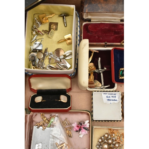 123 - A BOX OF ASSORTED COSTUME JEWELLERY AND ITEMS, to include a box of beaded necklaces, brooches, brace... 