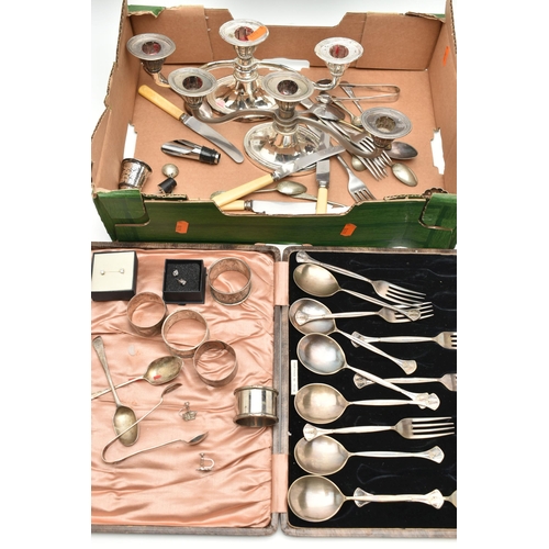 124 - A BOX OF ASSORTED SILVER AND WHITE METAL WARE, to include a single napkin ring hallmarked Birmingham... 