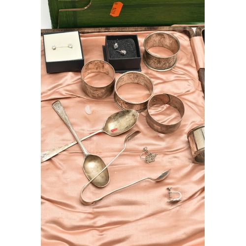 124 - A BOX OF ASSORTED SILVER AND WHITE METAL WARE, to include a single napkin ring hallmarked Birmingham... 