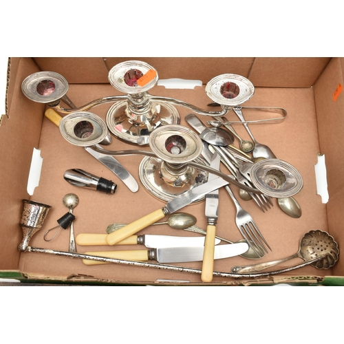 124 - A BOX OF ASSORTED SILVER AND WHITE METAL WARE, to include a single napkin ring hallmarked Birmingham... 