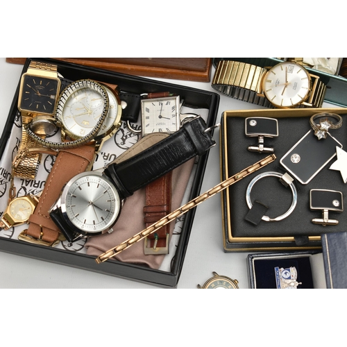 126 - A BOX OF ASSORTED ITEMS, to include a selection of wristwatches, names to include Rotary, Sekona, an... 