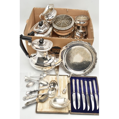 127 - A GROUP OF SILVER AND SILVER PLATE, including three silver teaspoons, a salt spoon and a caddy spoon... 