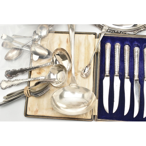 127 - A GROUP OF SILVER AND SILVER PLATE, including three silver teaspoons, a salt spoon and a caddy spoon... 