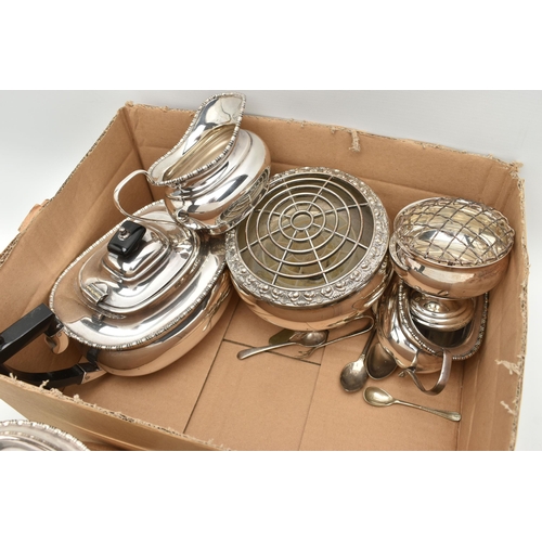 127 - A GROUP OF SILVER AND SILVER PLATE, including three silver teaspoons, a salt spoon and a caddy spoon... 