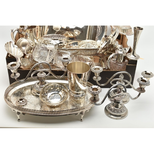 128 - A BOX OF WHITE METAL AND SILVER PLATE WARE, to include a 'Viners' four piece tea set comprising of a... 