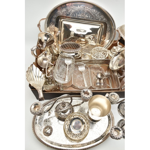 128 - A BOX OF WHITE METAL AND SILVER PLATE WARE, to include a 'Viners' four piece tea set comprising of a... 