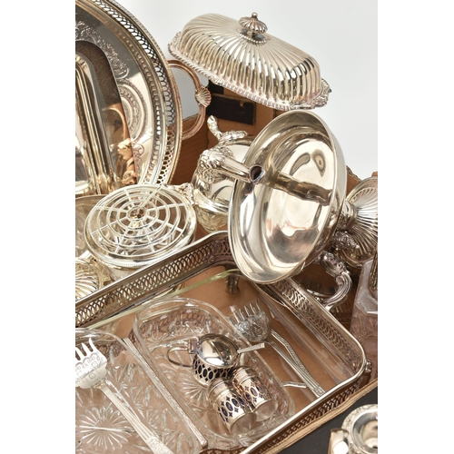 128 - A BOX OF WHITE METAL AND SILVER PLATE WARE, to include a 'Viners' four piece tea set comprising of a... 