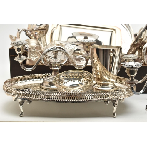 128 - A BOX OF WHITE METAL AND SILVER PLATE WARE, to include a 'Viners' four piece tea set comprising of a... 