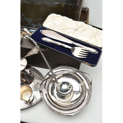 129 - A BOX OF WHITE METAL AND SILVER PLATE WARE, to include a large rectangular tray, an oval tray, a pai... 