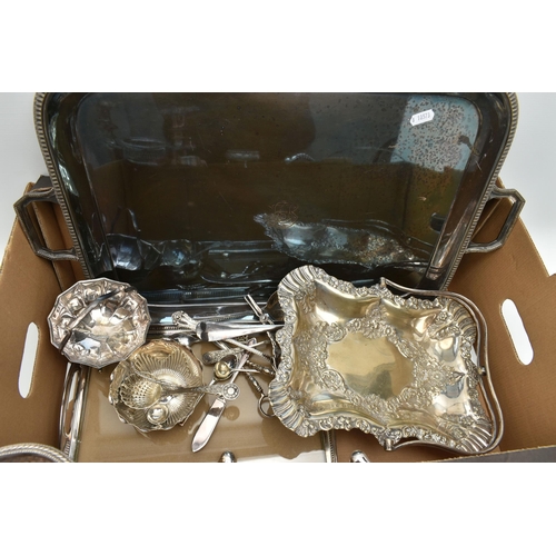 129 - A BOX OF WHITE METAL AND SILVER PLATE WARE, to include a large rectangular tray, an oval tray, a pai... 