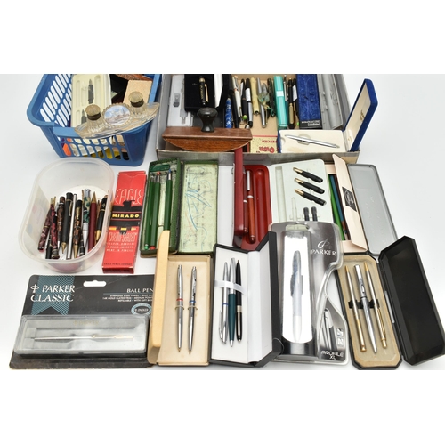 130 - A BOX OF ASSORTED PENS AND PENCILS, two unopened boxed 'Parker' ball point pens, a pair of boxed 'Co... 