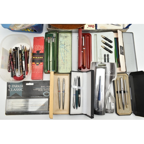 130 - A BOX OF ASSORTED PENS AND PENCILS, two unopened boxed 'Parker' ball point pens, a pair of boxed 'Co... 