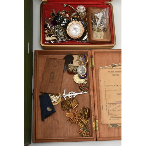 131 - A BOX OF ASSORTED ITEMS, to include an early 20th century garnet brooch with a vacant glass panel to... 