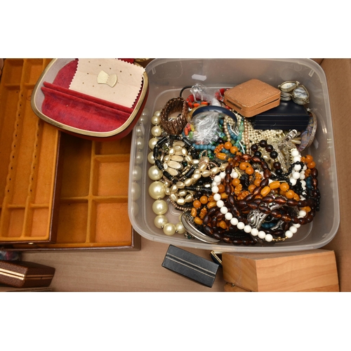 131 - A BOX OF ASSORTED ITEMS, to include an early 20th century garnet brooch with a vacant glass panel to... 