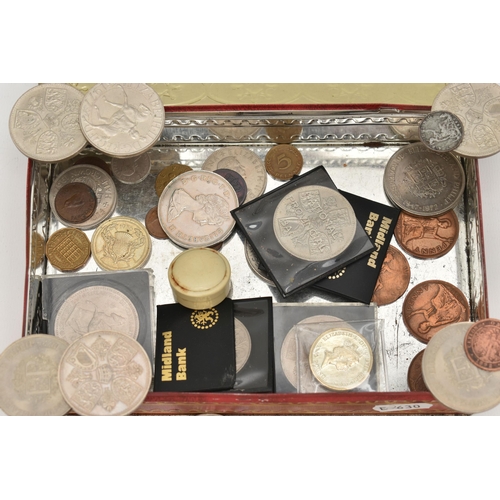 132 - A SMALL TIN OF MIXED COINS, to include a George III bank token of Three Shillings 1813, a small amou... 