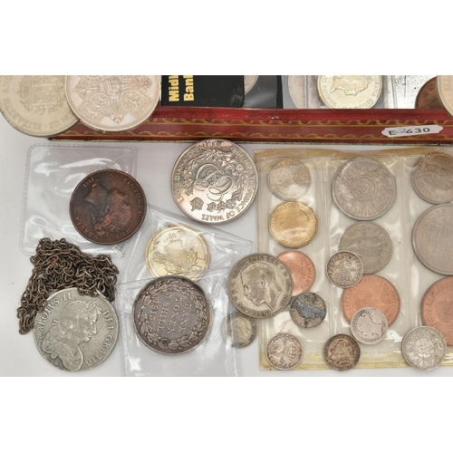 132 - A SMALL TIN OF MIXED COINS, to include a George III bank token of Three Shillings 1813, a small amou... 