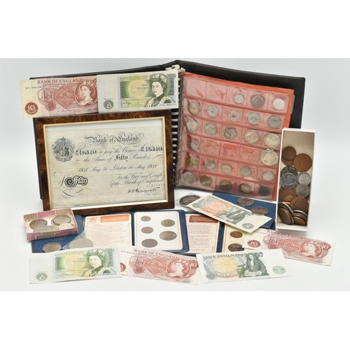 133 - A LARGE CARDBOARD BOX CONTAINING COINS, COIN ALBUM, BANKNOTES COMMEMORATIVES, to include a Bank of E... 