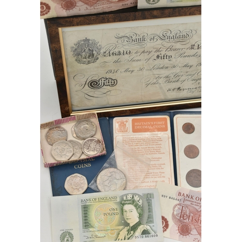 133 - A LARGE CARDBOARD BOX CONTAINING COINS, COIN ALBUM, BANKNOTES COMMEMORATIVES, to include a Bank of E... 