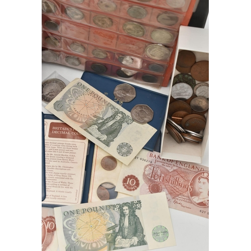 133 - A LARGE CARDBOARD BOX CONTAINING COINS, COIN ALBUM, BANKNOTES COMMEMORATIVES, to include a Bank of E... 