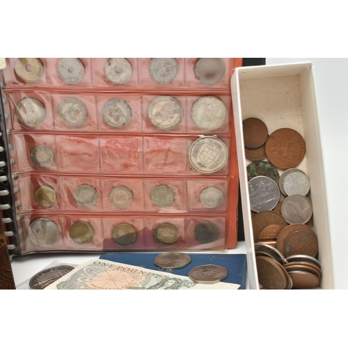 133 - A LARGE CARDBOARD BOX CONTAINING COINS, COIN ALBUM, BANKNOTES COMMEMORATIVES, to include a Bank of E... 