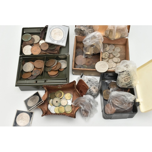 134 - A SHOE BOX CONTAINING SMALL BOXES AND CASH BOX OF MIXED COINAGE, to include 150 grams of silver cont... 