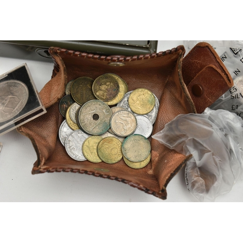 134 - A SHOE BOX CONTAINING SMALL BOXES AND CASH BOX OF MIXED COINAGE, to include 150 grams of silver cont... 